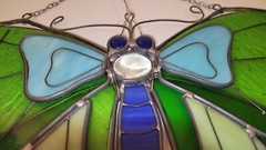 Stained Glass Suncatcher Butterfly Brilliant Blues & Greens Hand Crafted 13″x14″