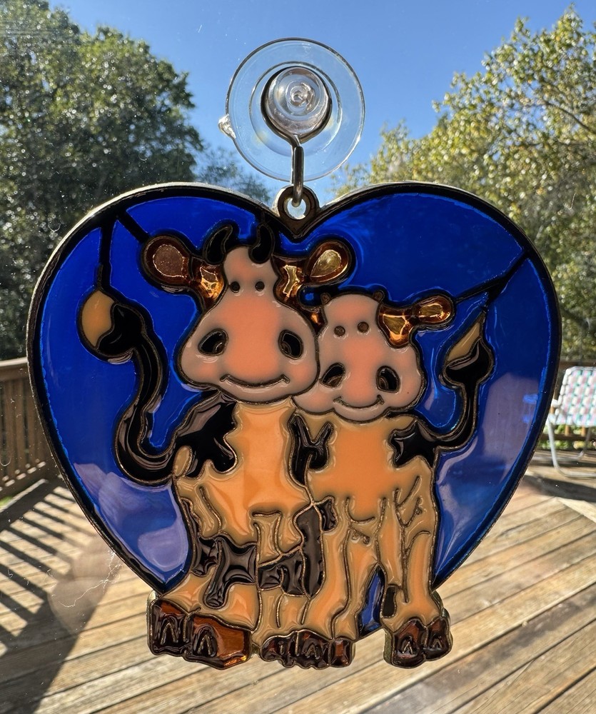 Vintage Cow Stained Glass Sun Catcher Colored Leaded Hanging Window Ornament