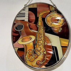 PAUL BRENT Hand Painted AMIA of Denver Glass Saxophone Music Sun Catcher