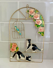 VTG Capiz Shell Cat Birdcage Suncatcher Window Art
