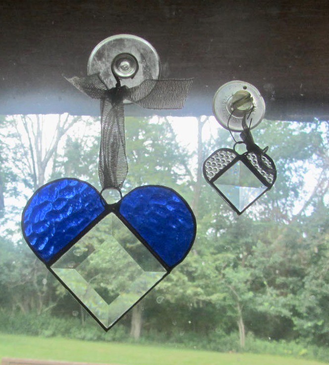 2 Handcrafted Blue & Clear Stained Glass Small HEARTS Stain Glass Textured