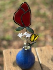 Stained Glass Valentine Rose Flower Bouquet Sun Catcher With Vase Handmade Tulip