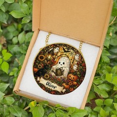 Personalized Cute Ghost Halloween Stained Glass Suncatcher, Family Keepsake
