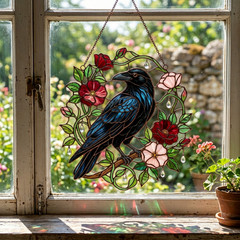 Raven Wild Rose Window Hanging Flat Acrylic Suncatcher Gothic Cottage Decor
