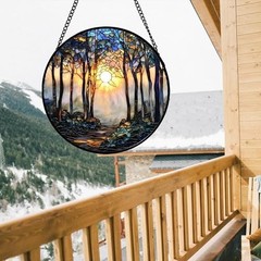 Forest Sunrise Stained Glass Suncatcher – Blue Brown Tree Window Decor 6.3″ Gift