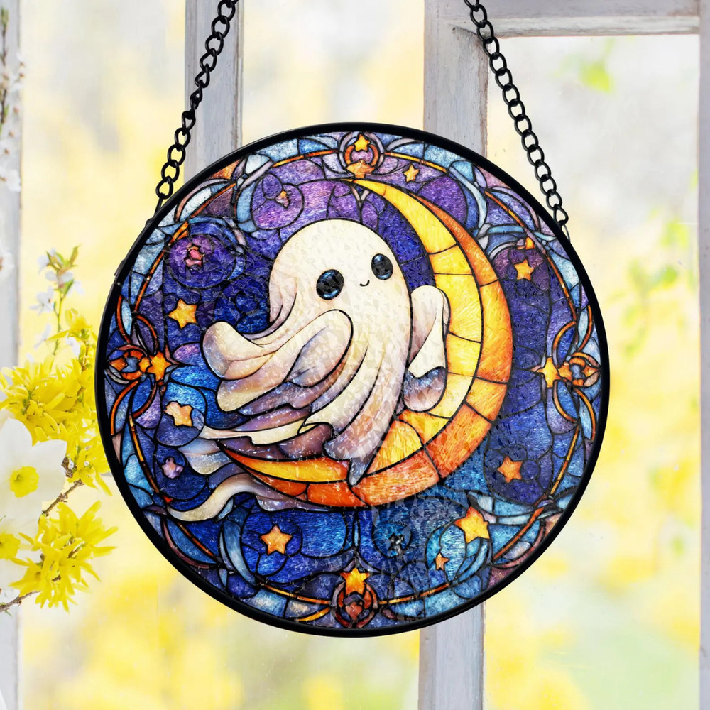 Cute Ghost Stained Glass Suncatcher, Celestial Moon Stained Glass