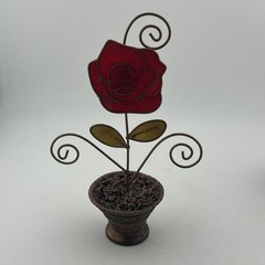 3 Vtg Photo Frame-SunCatcher Red Rose-Green Leaves-Metal Brown Flower Pot-6″