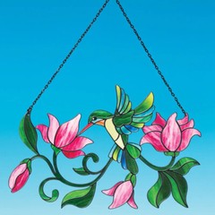 Elegant Hummingbird and Rose Stained Glass Look Suncatcher Hanging Window Decor