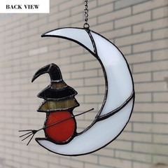 Moon Witch Stained Glass Window Hanging – Halloween Decor
