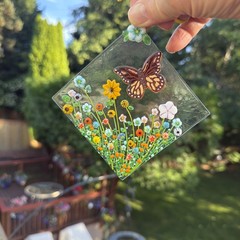 Fused Glass Handmade Diamond Shaped Multicolored Sun Catcher Signed By Artist