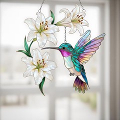 Hummingbird White Lily Suncatcher Acrylic Flower Window Decor Gift