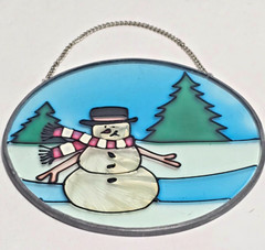 Vintage Stained Glass Window Light Sun Catcher Snowman Holiday 5″