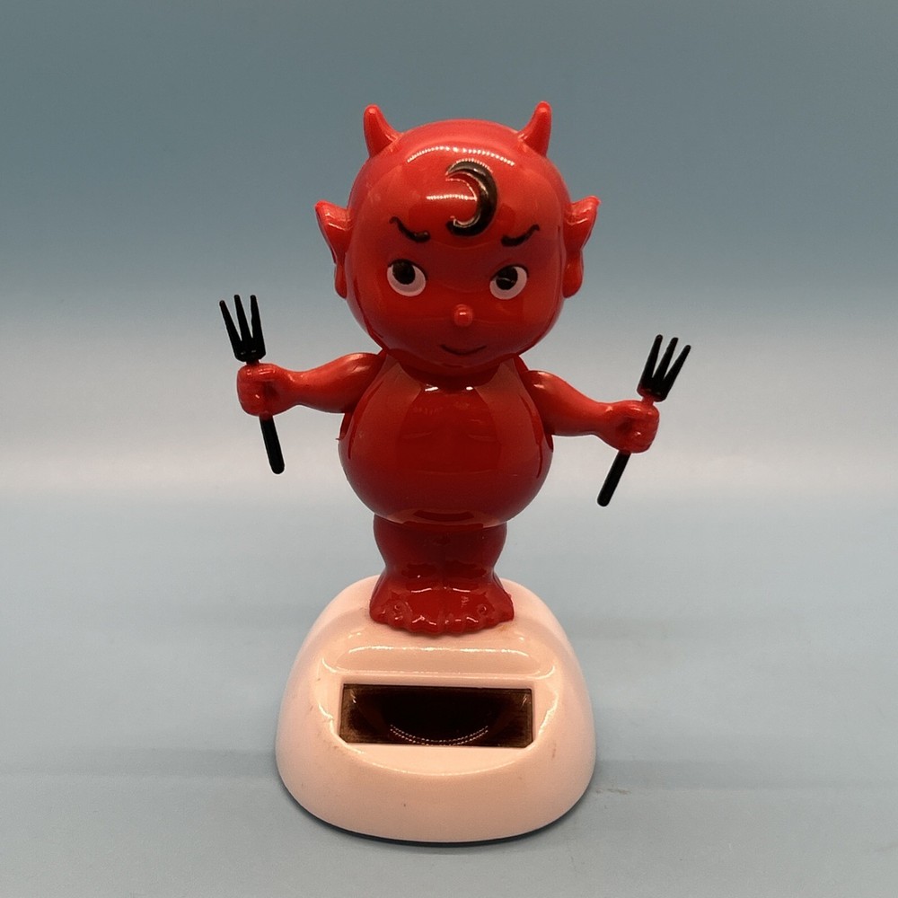 Solar Powered Dancing Red Devil Bobble Head Toy Tested Works!