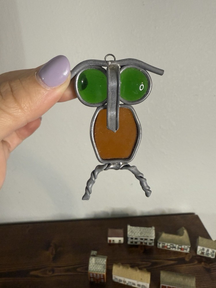 Vintage Stained Glass Sun Catcher Window Lead Owl Orange with green eye