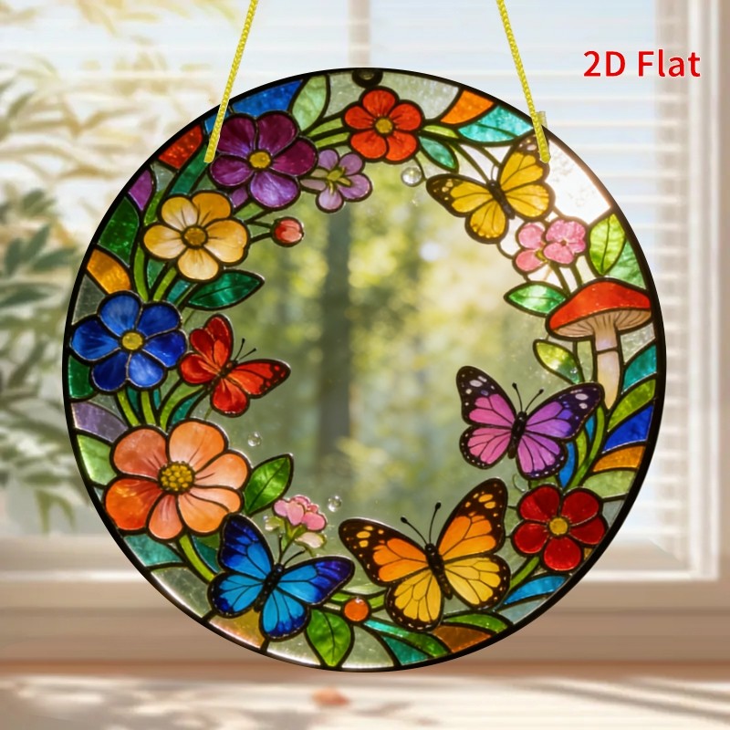 Wildflower Butterfly Mushroom Round Acrylic Suncatcher Window Hanging Ornament