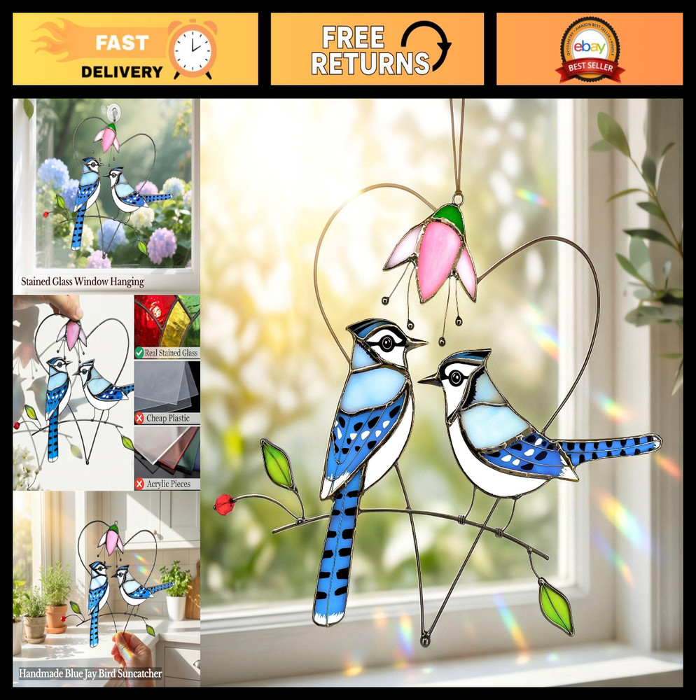 Stained Glass Blue Jay Suncatcher – Handmade Window Ornament for Bird Lovers, Gi