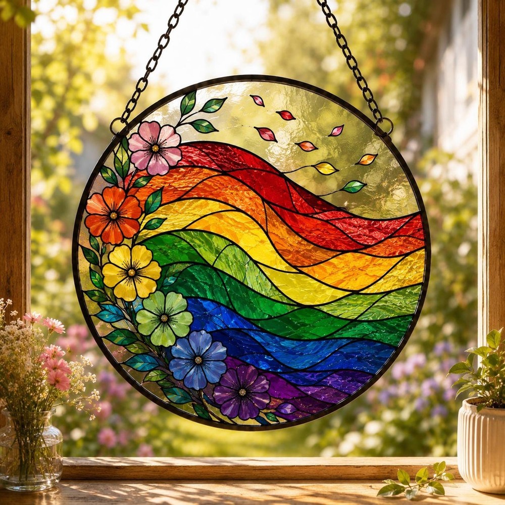 LGBTQ Rainbow Suncatcher Stained Glass, Colorful Floral Window Hanging Art, Prid