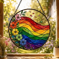 LGBTQ Rainbow Suncatcher Stained Glass, Colorful Floral Window Hanging Art, Prid