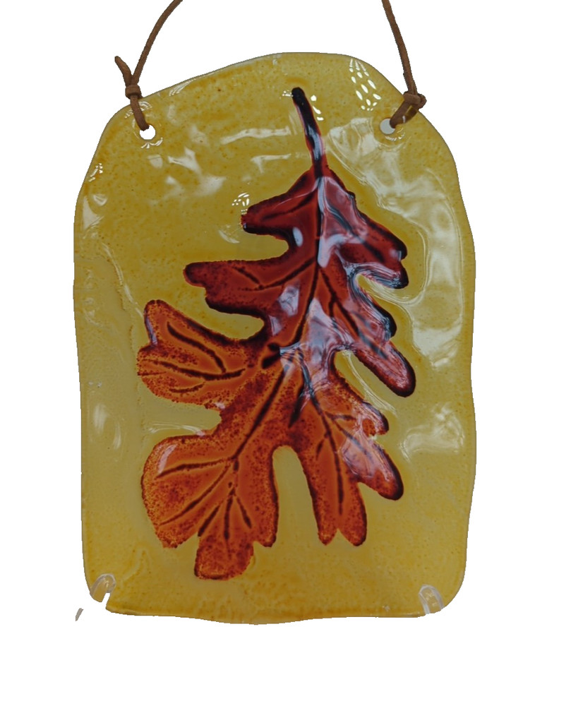 Small Suncatcher Fall Autumn Leaf Reverse Hand Painted on Glass Leather Strap