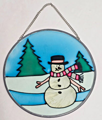 Vintage Stained Glass Window Light Sun Catcher Snowman Holiday 5″