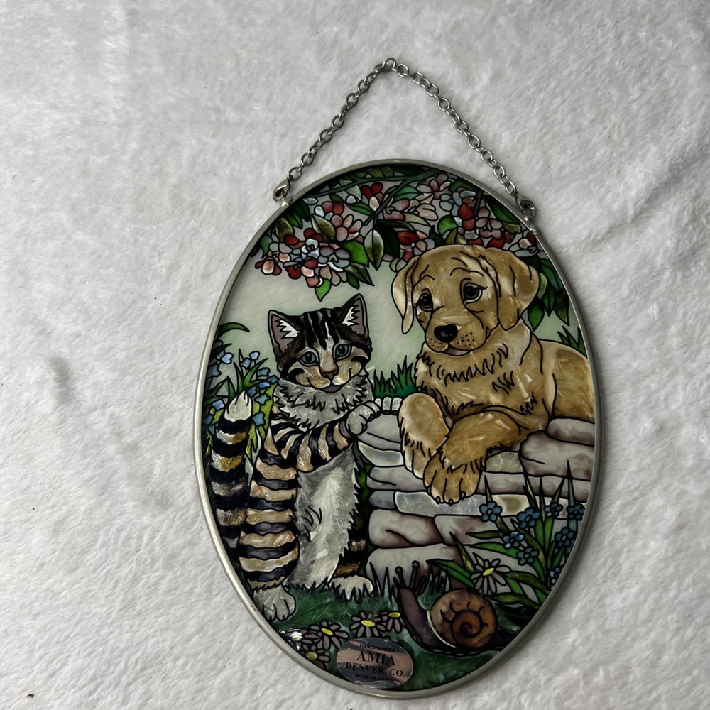Amia CAT & DOG 8.5×5” Painted Glass Suncatcher Faux Stained Glass Oval Snail