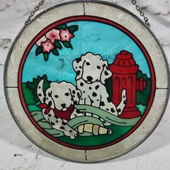 Puppy Dog Stained Glass Suncatcher Dalmatian Puppies Fire Hydrant 6″ Round