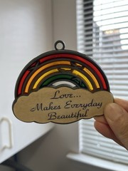 VINTAGE STAINED GLASS ART SUNCATCHER RAINBOW LOVE DECOR
