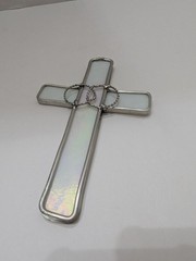 Cross with Wedding Rings White Iridescent Stained Glass Suncatcher 6″x4″