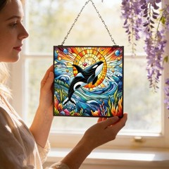Orca Stained Glass Window Hanging, Blue Ocean and Sunset Suncatcher Diamond G…