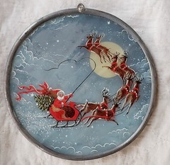 Slag Glass Santa Sun Catcher Sleigh Reindeer Lead Surround Hand Painted