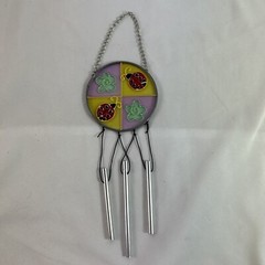 Ladybug Windchime Glass Sun Catcher Painted 10” Purple Yellow Green