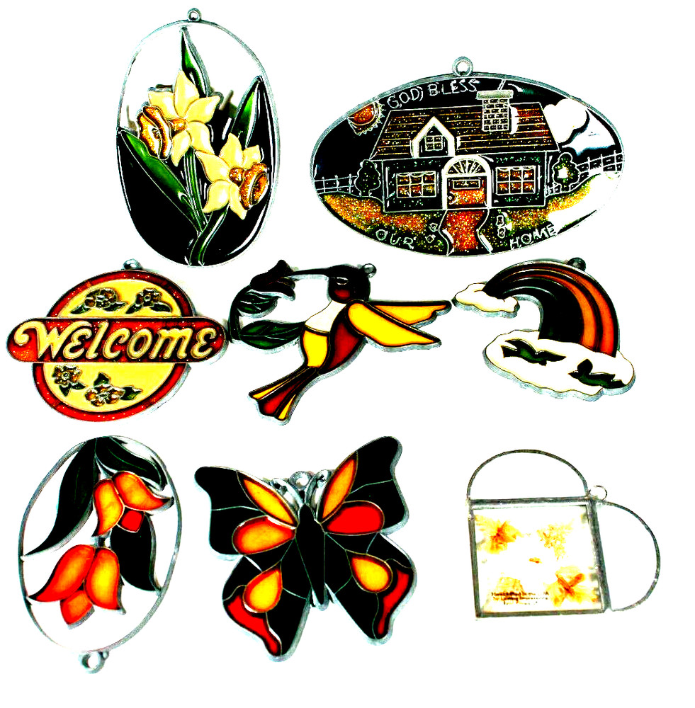 8 Vintage Suncatchers Heart Butterfly Bird Rainbow 2 Flowers Welcome God Bless