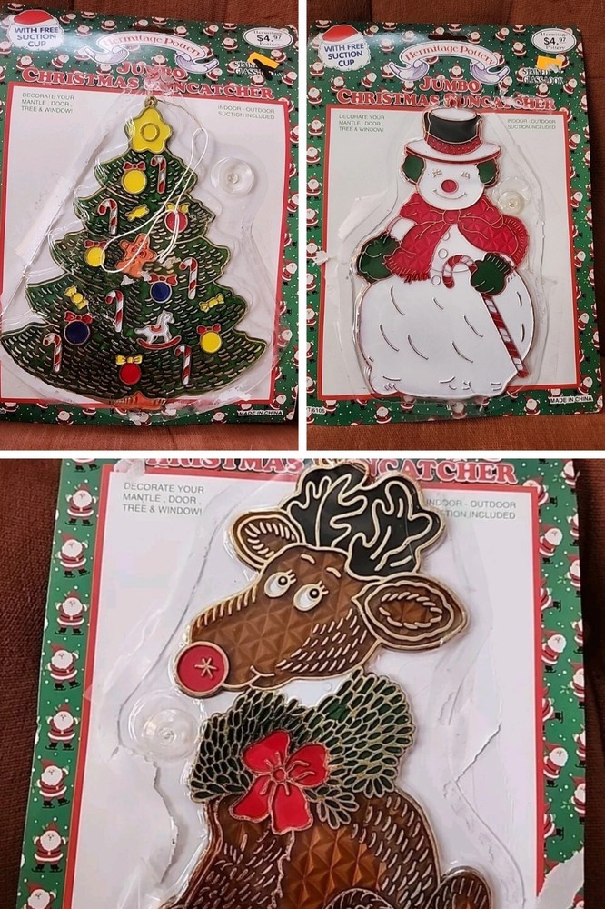 Lot Of 3 Jumbo ’95 Vintage Christmas Tree, Snowman, Reindeer Suncatchers
