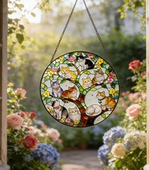 Colorful Tree of Life Stained Glass Suncatcher Kitten Design Home Decor 7.8″