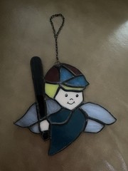 Vintage Stained Glass Sun Catcher Handmade USA ANGEL BOY BASEBALL 6 X 7” W/Chain