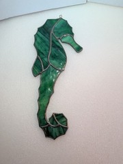 Handcrafted Green Marbled Stained Glass Seahorse Suncatcher – 9.5″