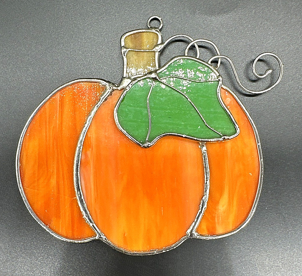 Leaded Stain Slag Glass Orange Pumpkin Hanging Suncatcher 4″ Window Decor