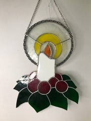 Vintage Stained Glass Handmade Christmas Candle w/ Holly & Berries