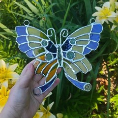 Hand-Crafted stained glass butterfly, Blue and Yellow Suncatcher.