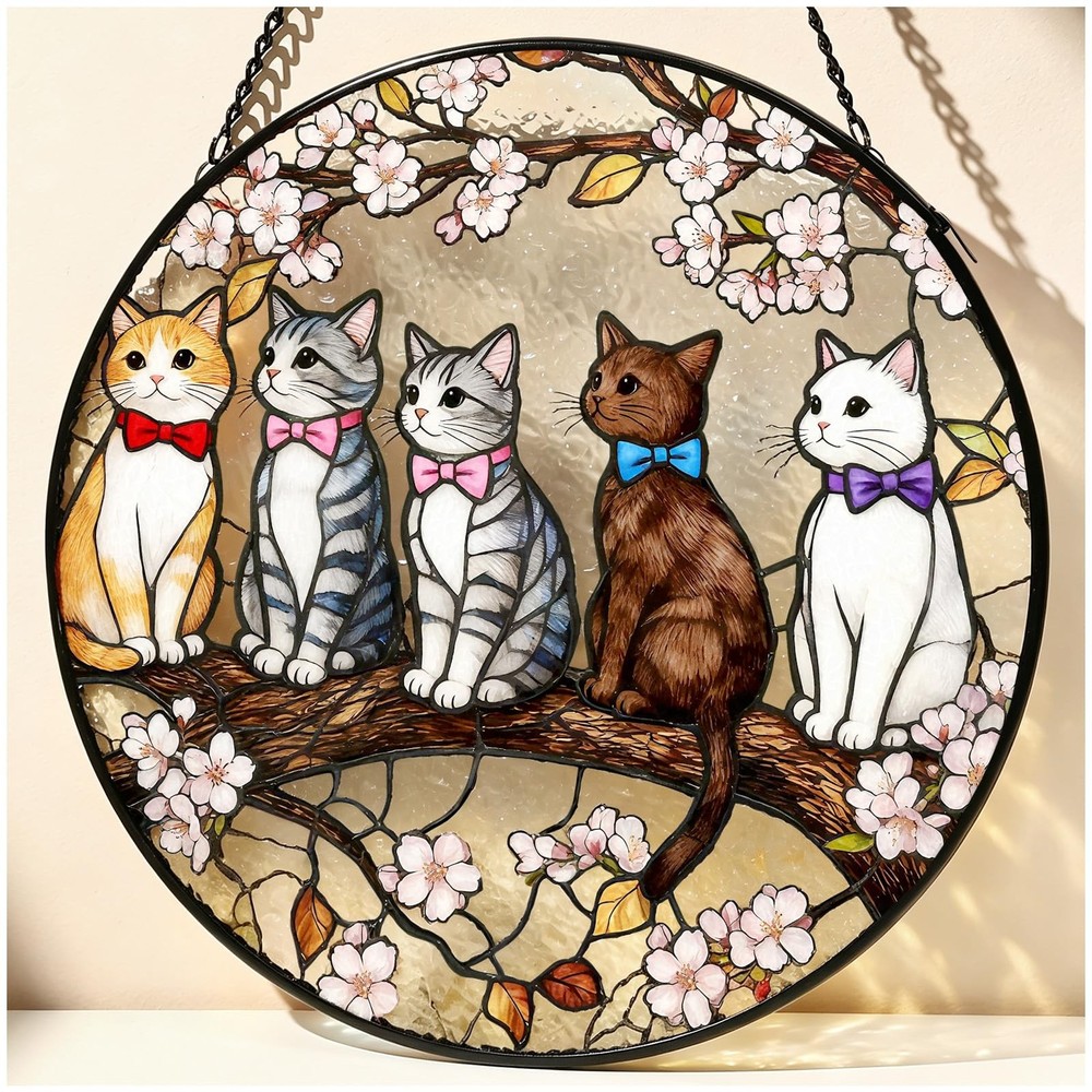 Cat Suncatcher Window Hanging – 7.8in Stained Glass Decor for Cat Lovers