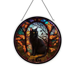 Black Cat In Forest Suncatcher Double Sided Round Dyed Acrylic Wall Art Decor