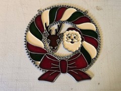 Vintage Stained Glass Santa And Reindeer Window Ornament Hanging Suncatcher LG