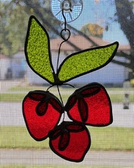 Stained Glass Triple (3) Strawberry Fruit Suncatcher Sun Catcher 6” tall Leaves