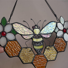 Bee Decor Stained Glass Window Hanging,Honeybee Honeycomb with Flowers Suncatche