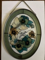 AMIA Hanging Stained Glass Sun Catcher LOVE BUTTERFLIES AND BLUE FLOWERS