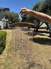 Large Bohemian Hanging Driftwood & Crystal Suncatcher Art. Pink and Clear Hearts