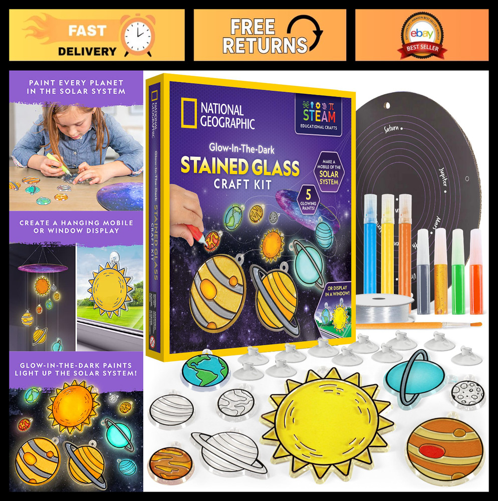 Stained Glass Solar System Art Kit – Glow in the Dark Planet Suncatchers, Kids C