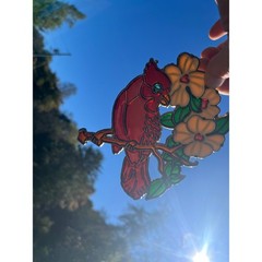 Red Bird w/ floral tree branch window catcher/ sun catcher. Birds. Decor