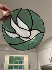 Stained Glass Dove Sun Catcher By Artist Jim Flower Green, Gray Striped 7 1/4”