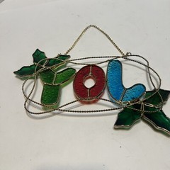 VTG Stained Resin Glass Christmas Joy Holly Berry Hanging Window Suncatcher 10”